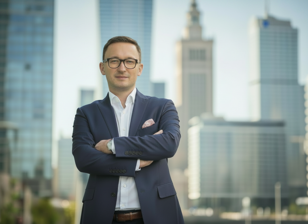 Mężczyzna na tle wieżowców.